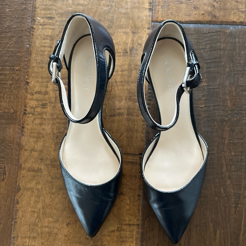 NINE WEST Blugrass black leather kitten heel D'Orsay ankle strap shoes - Picture 3 of 6